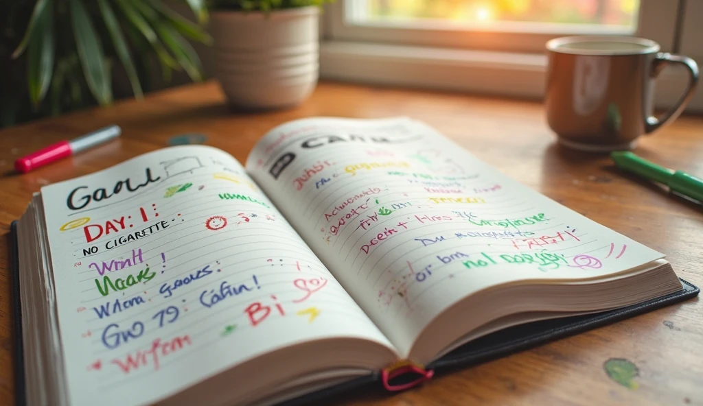 Carnet de motivation : suivre son parcours pour arrêter de fumer Carnet ouvert rempli de notes colorées, d’objectifs et de messages de motivation pour le sevrage tabagique, posé sur un bureau en bois près d'une tasse de boisson chaude, dans une ambiance lumineuse et chaleureuse.