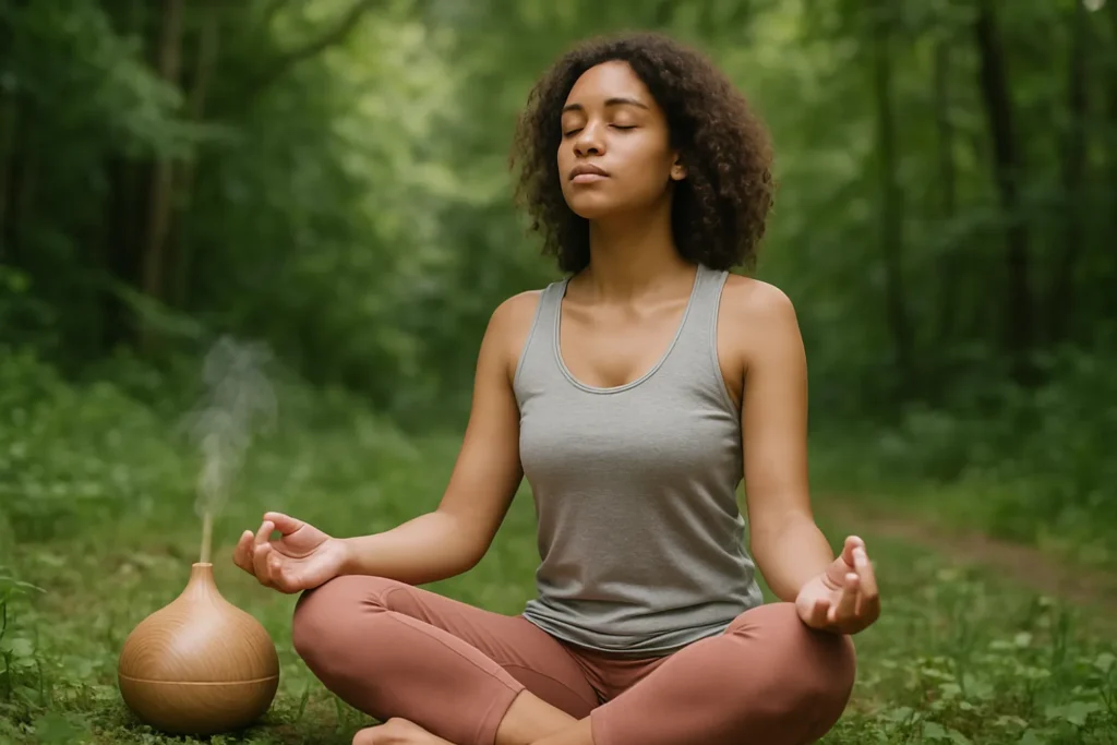 Une femme méditant en tailleur dans une forêt verdoyante, les yeux fermés et l’air serein. À ses côtés, un diffuseur en bois libère une fine brume d’huiles essentielles, créant une atmosphère paisible et propice à la relaxation.