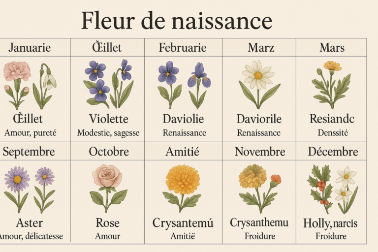 Illustration botanique en style vintage représentant les fleurs de naissance associées à chaque mois de l’année, avec leurs noms et significations en français, organisée en douze cases ornées de dessins floraux réalistes sur fond crème.