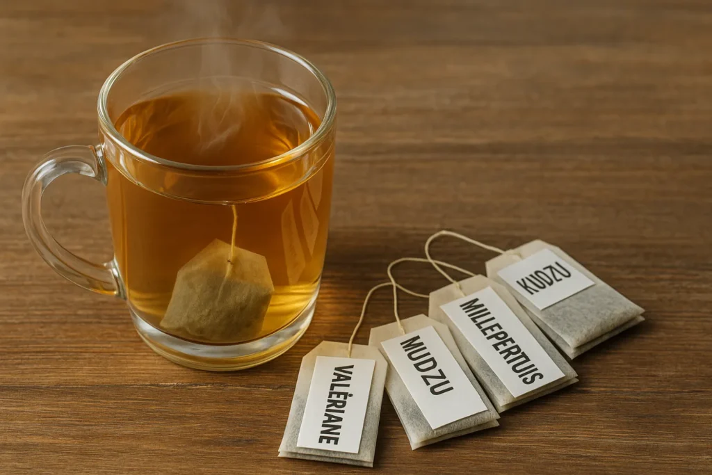Une tasse en verre remplie de tisane fumante repose sur une table en bois. Quatre sachets de thé sont disposés à côté, chacun étiqueté avec le nom d’une plante médicinale : valériane, millepertuis, kudzu et avoine. L’ambiance est chaleureuse et naturelle, mettant en valeur les bienfaits des plantes apaisantes.