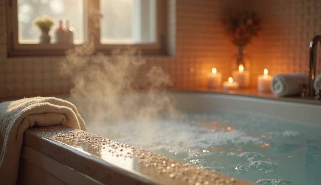Bain chaud au sel d’Epsom avec vapeur visible, recommandé comme remède de grand-mère pour détendre les muscles et soulager naturellement une déchirure musculaire grâce au magnésium contenu dans le sel