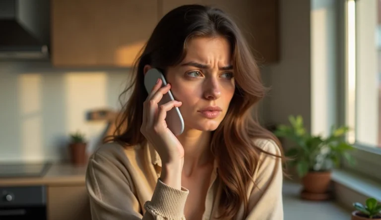 Femme manifestant de l'irritation lors d'un appel téléphonique dans une cuisine moderne, éclairée par une lumière matinale dorée. Photo réaliste aux tons chauds désaturés, prise avec un objectif 85mm f/1.2.
