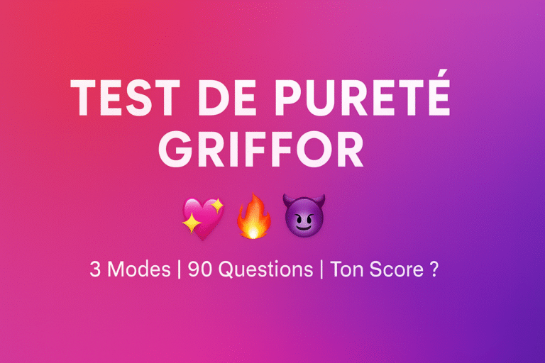 Bannière vibrante avec un dégradé de rose, rouge et violet, mettant en avant le titre 'Test de Pureté Griffor', suivi des emojis 💕 🔥 😈, et du sous-titre '3 Modes | 90 Questions | Ton Score ?'
