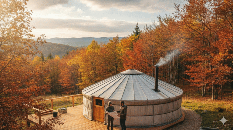 Vue panoramique d'une grande yourte contemporaine installée sur une terrasse en bois, nichée dans une forêt aux couleurs d'automne. Deux hommes consultent des plans devant l'habitation, tandis que de la fumée s'échappe de la cheminée, avec des collines vallonnées en arrière-plan sous une lumière dorée.