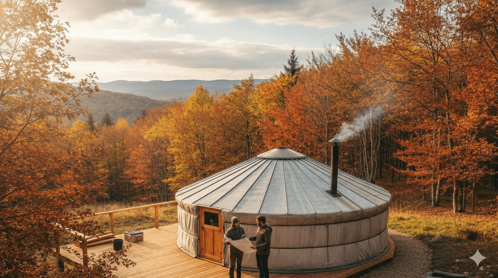 Vue panoramique d'une grande yourte contemporaine installée sur une terrasse en bois, nichée dans une forêt aux couleurs d'automne. Deux hommes consultent des plans devant l'habitation, tandis que de la fumée s'échappe de la cheminée, avec des collines vallonnées en arrière-plan sous une lumière dorée.