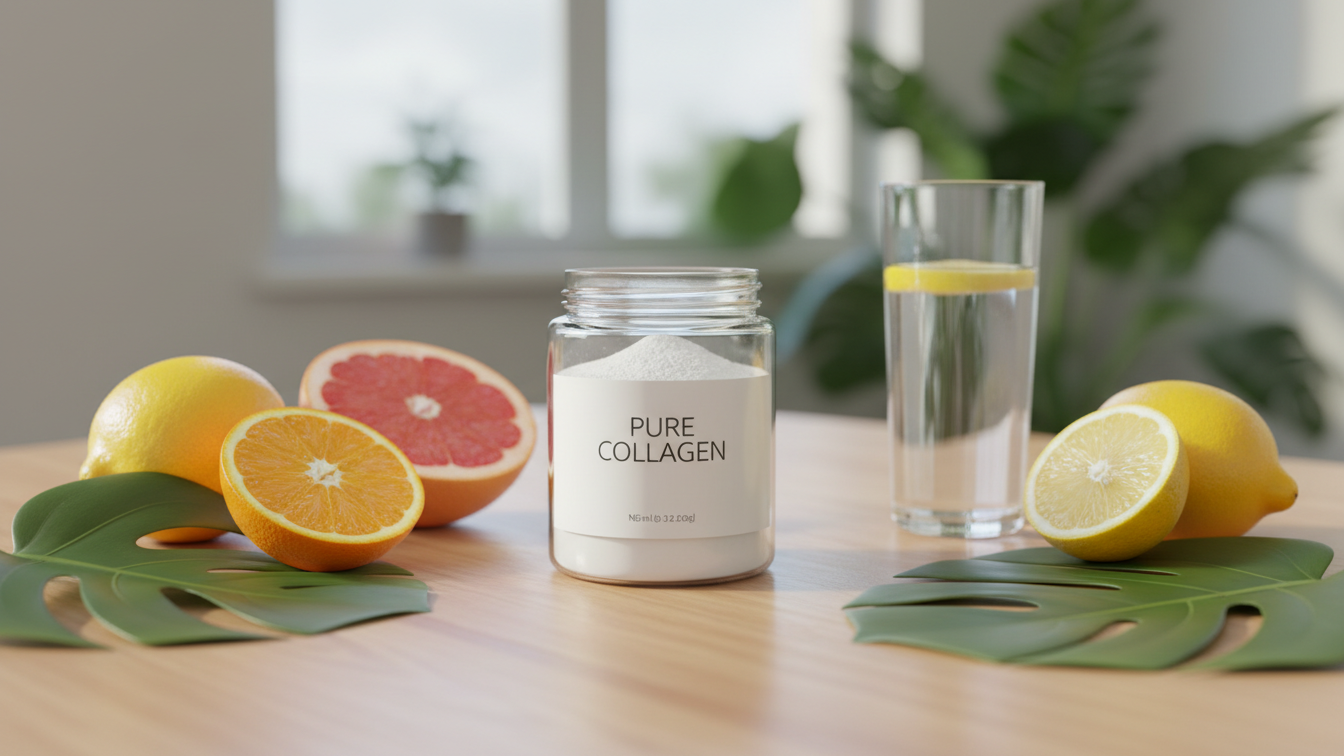 Pot de collagène en poudre posé sur une table en bois, entouré de citrons, d’orange et de pamplemousse, avec un verre d’eau citronnée en arrière-plan, illustrant la prise de collagène avec vitamine C.